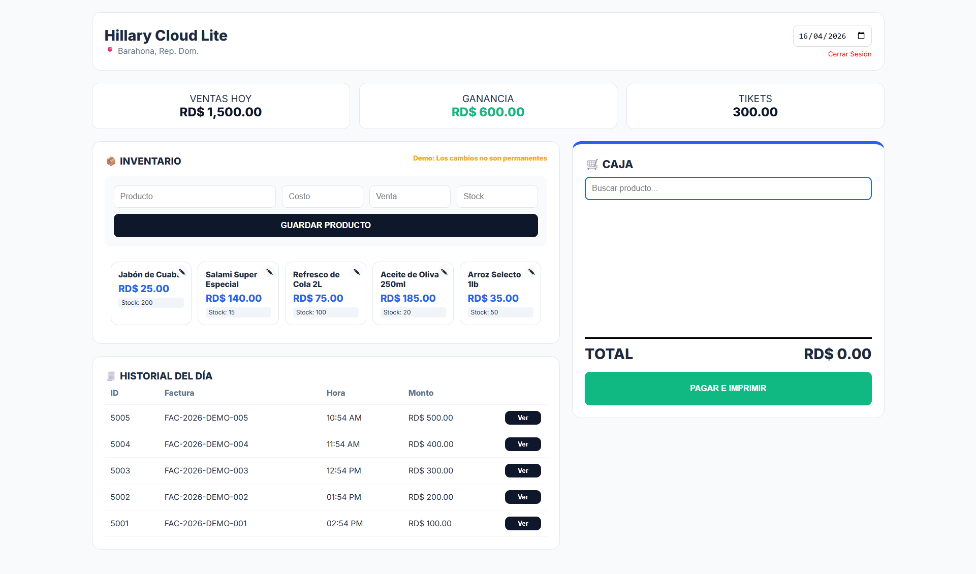 Interfaz de Hillary Cloud Lite - Punto de Venta moderno y sencillo